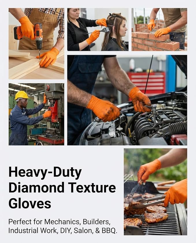 wcy 9 Mil Heavy Duty Orange Nitrile Gloves,Raised Diamond Texture Grip,Industrial Mechanic Rubber Gloves Disposable Latex Free Chemical Resistant Guantes for Work,Cooking,Food Safe - Medium,80Count