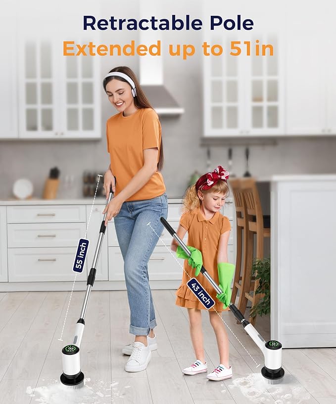 Electric Spin Scrubber, Cordless Cleaning Brush with 7 Replaceable Brush Heads, 2-Speed Adjustable Handle Shower Scrubber, IPX7 Waterproof for Bathroom, Tub, Tile & Floor, Teens, White-qb1...