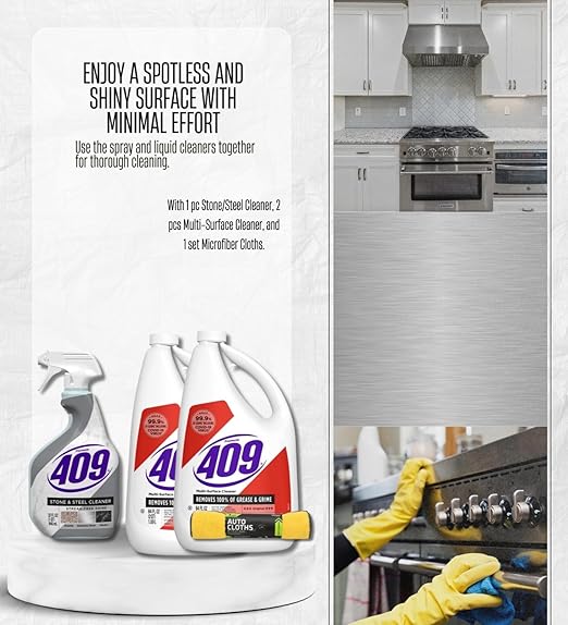 Formula 409 Stone/Steel Cleaner 32 oz Spray and Formula 409 Original Scent Multi-Surface Cleaner Liquid 64 oz Bundle with Microfiber Auto Cleaning Cloth – Stone and Countertop Care Gift Set (4 Items)