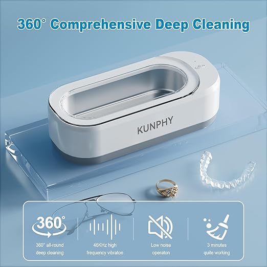 KUNPHY Sonic Jewelry Cleaner, Professional Sonic Cleaner Machine 46kHZ 12 oz, Glasses Cleaner for Retainer, Jewelry, Ring, Silver, Dentures