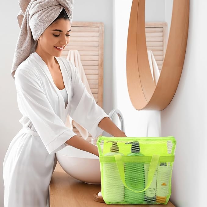 20 Pcs Mesh Shower Caddy Bags Portable Mesh Beach Bags Bulk with Zipper & 2 Pockets Hanging Toiletry and Bath Organizer for Gym Swimming Travel Camping College Dorms Beach (Fluorescent Color)