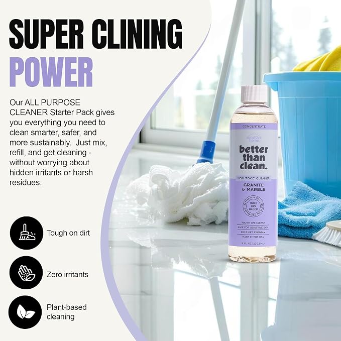 Marble & Granite Cleaner Concentrate - Plant-Based, Non-Toxic, Fragrance Free Cleaning Products - Slate, Marble, and Natural Stone Cleaner, – 8oz Makes 4 Bottles