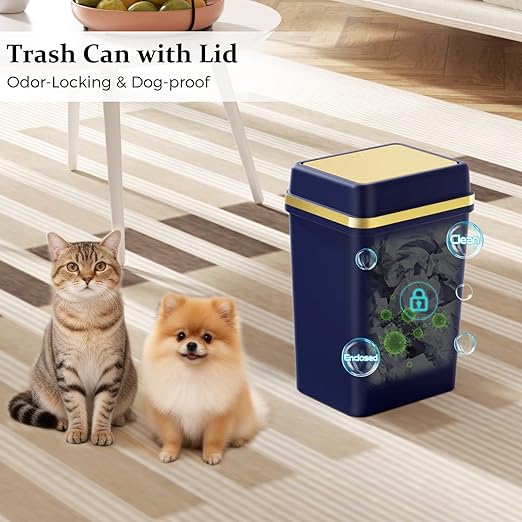 Bathroom Trash Can with Lid 4 Gallon Trash Can Navy Blue Trash Cans with Press Top Lid Bedroom Trash Can Small Garbage Can with 150 Counts Trash Bags for Small Bathroom Bedroom Office