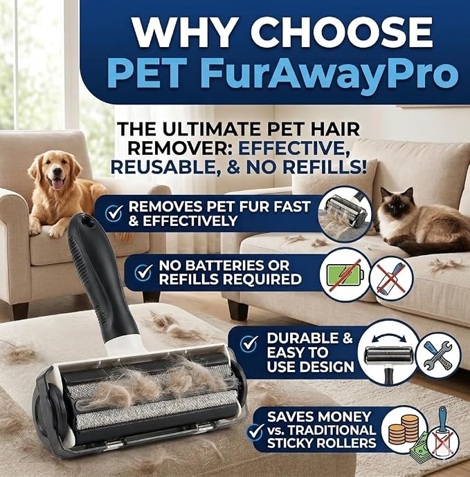 Pet FurAwayPro Reusable Pet Hair Remover – Self Cleaning Lint Roller for Dog & Cat Hair, Removes Fur from Furniture, Couch, Carpet, Car, Rugs & Bedding, Portable & Eco-Friendly