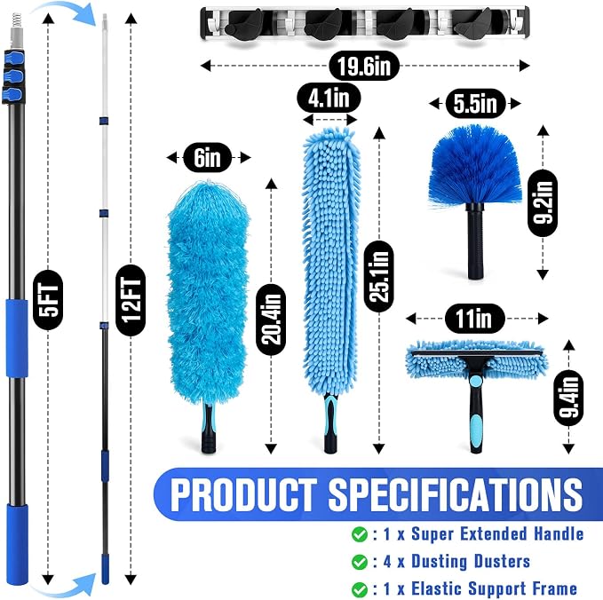20Ft High Reach Ceiling Fan Cleaner Duster Kit, Reusable Cobweb Duster with 5-12Ft Heavy Duty Extension Pole, Washable Microfiber Duster & Window Squeegee for High Ceiling & Glass Cleaning