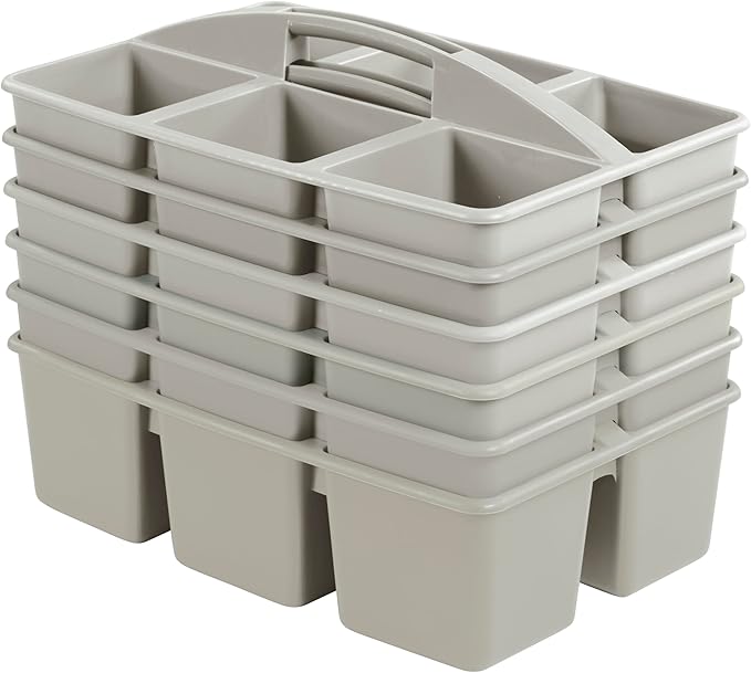 ECR4Kids 6-Compartment Large Plastic Caddy, Multipurpose Organization, Grey, 6-Pack