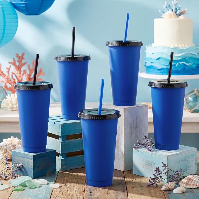 Honeydak 30 Pack Tumbler with Straw and Lid Bulk Cups for Gifts Water Bottle Iced Coffee Travel Mug Cup Reusable Plastic Tumblers for Party Birthdays 24-27 oz (Dark Blue and Black Color)
