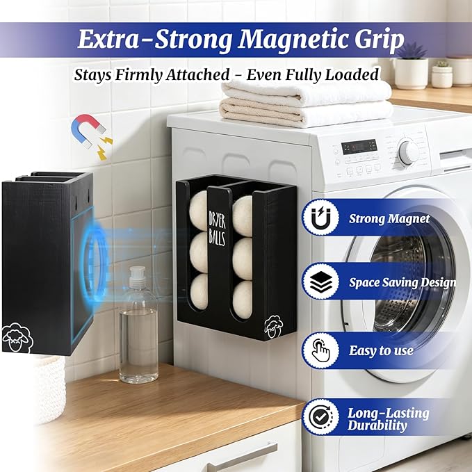 Magnetic Dryer Ball Holder Wall Mount for Washer Dryer, Wood Laundry Organizer and Storage, Wool Dryer Balls Container Dispenser Basket with Magnetic Lint Bin, Laundry Room Accessories and Essentials