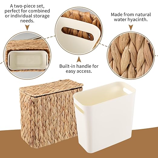 Wicker Trash Can with Lid and Liner, Bathroom Trash Can with Lid, Natural Water Hyacinth Wicker Waste Basket, Boho Rattan Garbage Wastebasket for Bedroom Living Room Office Kitchen