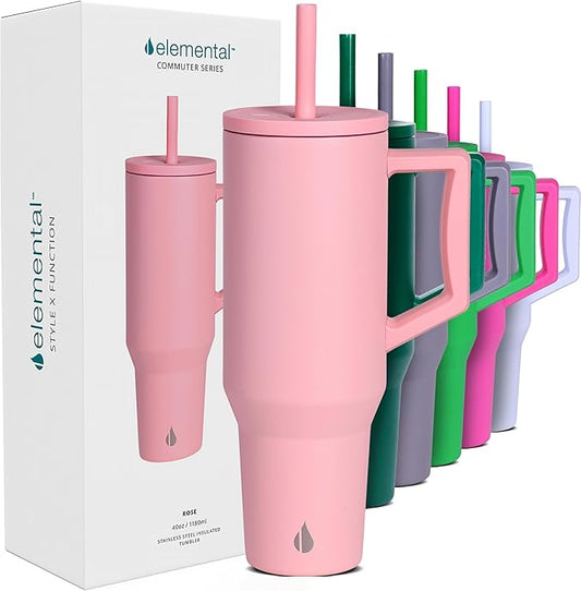 Elemental 40 oz Tumbler with Handle and Straw - Spill Proof Insulated Stainless Steel Commuter for Cold Beverages - Travel Coffee Mug with 2 Straws & Spill Proof Lid - 40oz - Rose
