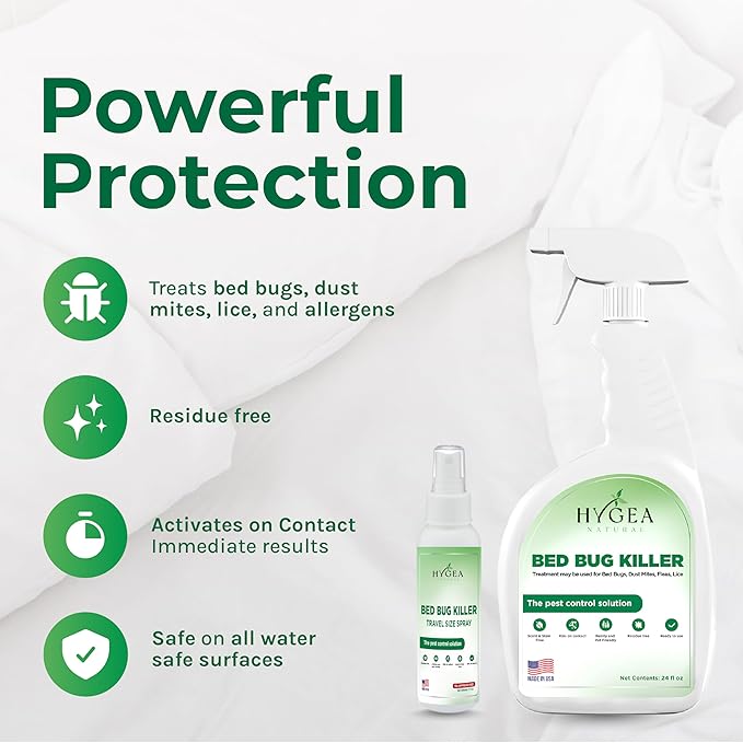 Hygea Natural Exterminator Combo Pack, Non Toxic Treatment, Natural Bugs & Lice Eradicator - Includes Spray 24 oz & Travel Spray 3 oz
