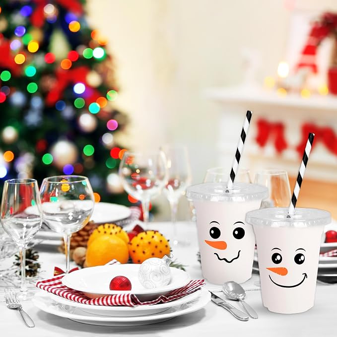 FYSUIMU 100Pcs 12Oz Snowman Plastic Cups with Lids and Straws Christmas Winter Disposable Cup Cute Snowman Face Cold Beverage Drinking Cups for Winter Xmas Party Supplies