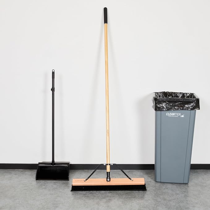 Restaurantware-Clean Tek Professional 24 Inch Push Broom, 1 Heavy-Duty Broom with 60” Handle - Fine Plastic Bristles, Durable, Wooden, Commercial Use, for Deck, Driveway, Garage, Yard, Patio