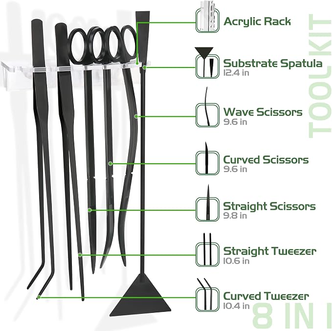8 in 1 Aquascaping Tool kit with Acrylic Storage Rack, Black Steel Aquatic Landscaping Equipment Perfect to Create A Stunning Underwater Scape for Fish Tank