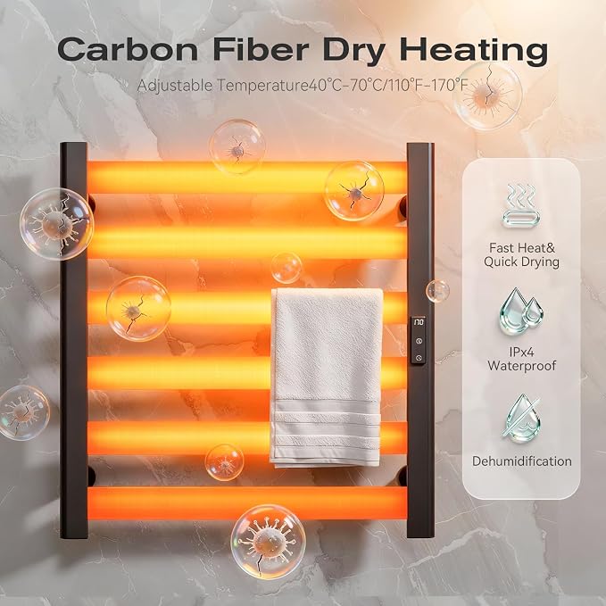 Heated Towel Rack for Bathroom - 6 Bars Towel Warmer Rack Wall Mounted with Intelligent Touch Screen Timer & Temperature Multi-Level Adjustments for Bathroom Shower Hot Tub Spa, Black