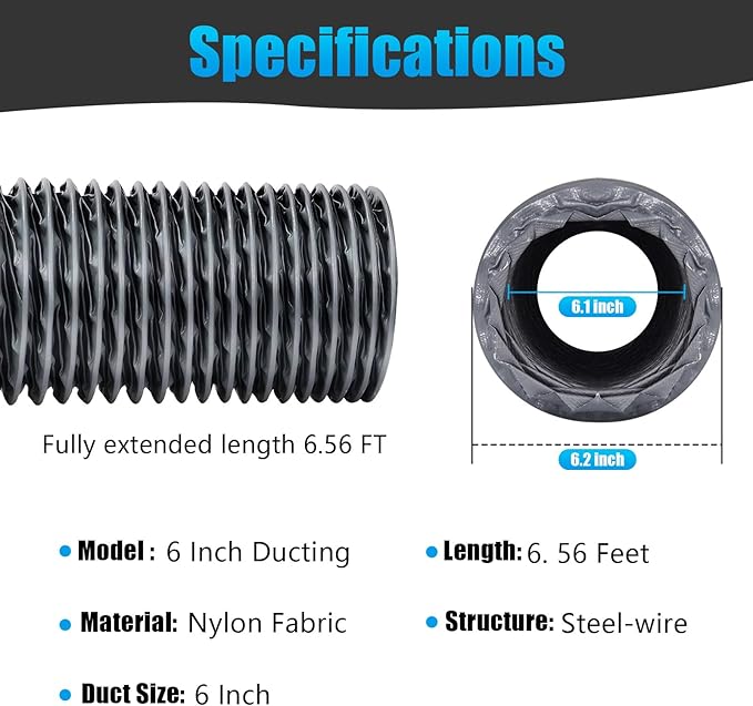 6 Inch Duct, 6 Inch X 6FT Flexible Nylon Ducting – Wear-Resistant & Tear-Proof Venting Hose, Upgraded Fire-Resistant Hvac Ducting for HVAC, Greenhouse, Inline Duct Fan (Length 6.5FT)