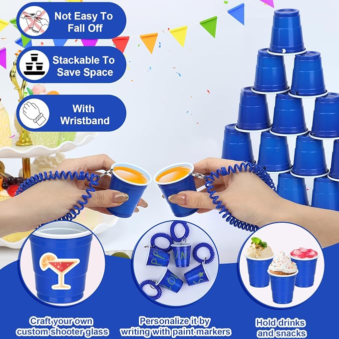 30 Pcs Blue Shot Cups with Wristband for Party 2oz Plastic Shot Glasses Bulk Disposable Mini Shot Glasses with Bracelet Wear on Solo Cups for Party Wedding Beer Taste Serving Graduation Birthday