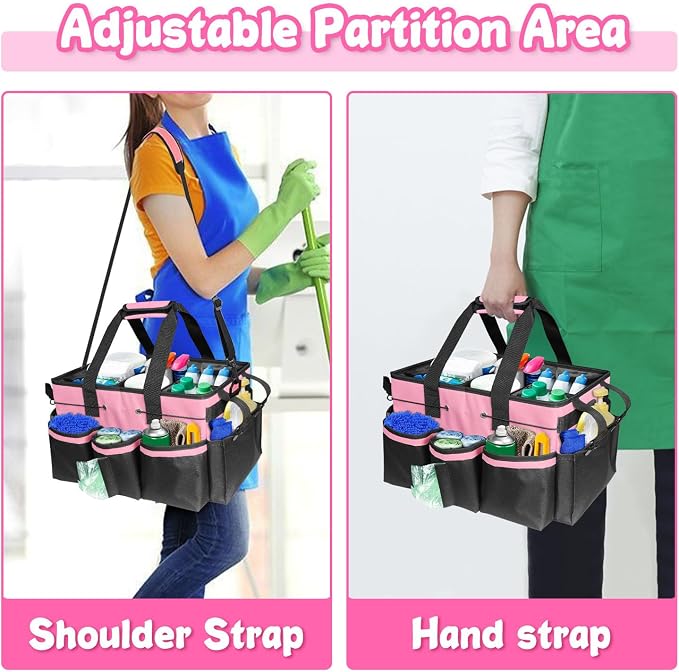 Grekos Large Cleaning Caddy Bags, Cleaning Caddy Suppliers Organizer with 4 Detachable Divider, Supply Caddy With Adjustable Shoulder Strap & Waist Belt For Housekeepers, Home, Car(Pink)