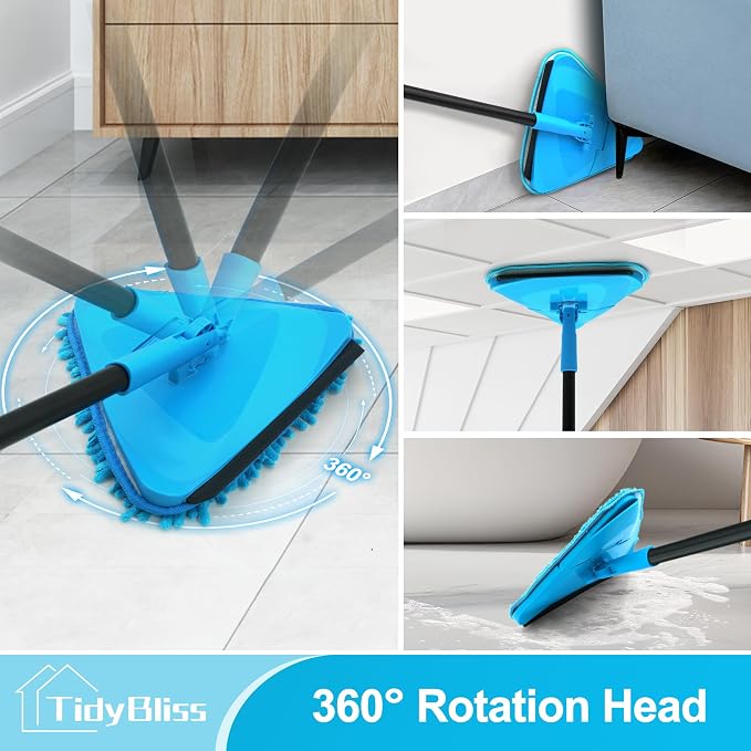TidyBliss Wall Mop Cleaner with Long Handle 80”, Ceiling Duster Scrubber with 360° Swivel Collapsible Head, Baseboard Cleaning Tool with 4 Chenille and 2 Microfiber Pads for Windows Floor (Blue)