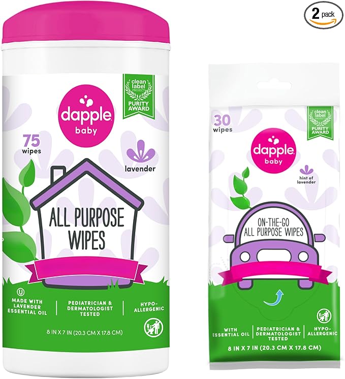 Dapple Baby All Purpose Wipes, Plant Powered, Hint of Lavender, Hypoallergenic, 75 Count Canister + 30 Count