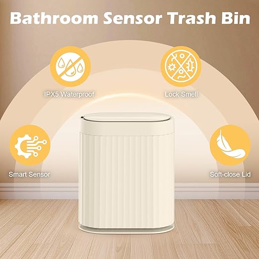 ELPHECO 2 Gallon Sensor Trash Can - IPX5 Waterproof Motion Sensor Trash Can, Automatic Bathroom Trash Bin, Slim Garbage Can for Bathroom, Office, Bedroom, Living Room, Beige