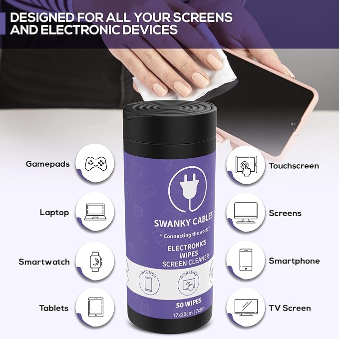 Swanky Cables Screen Cleaner Wipes: Electronic Wipes for Screens - Computer Screen Wipes for Lens, Phone, Tv Screen and Monitor Cleaning - Tech Wipes & Microfiber Cloth (Canister, 50 Count)