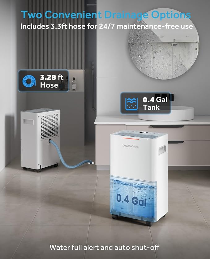 Dehumidifier for Basement & Large Room, Color Humidity Ring Light, Quiet for Home & Bedroom, Drain Hose Included, 3 Modes, Auto Humidity Control (Off-White, 1,500 Sq.Ft)