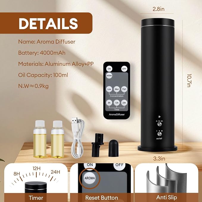Waterless Scent Diffuser Starter Kit: Aroma Aromatherapy Diffuser | 100ml Cordless Rechargeable APP Smart Remote Control Home Hotel 1000 Sq Ft. Coverage 2 Essential Oils