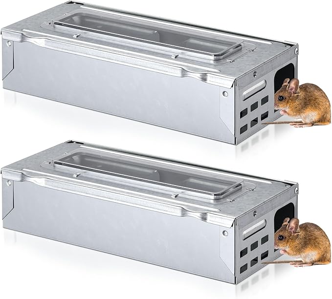 Qualirey 2 Pack Multi Catch Mice Trap Clear Top Humanized Mouse Trap Rodent for Indoor Outdoor Rat Control Pet and Security (4.5 Inch,Silver)