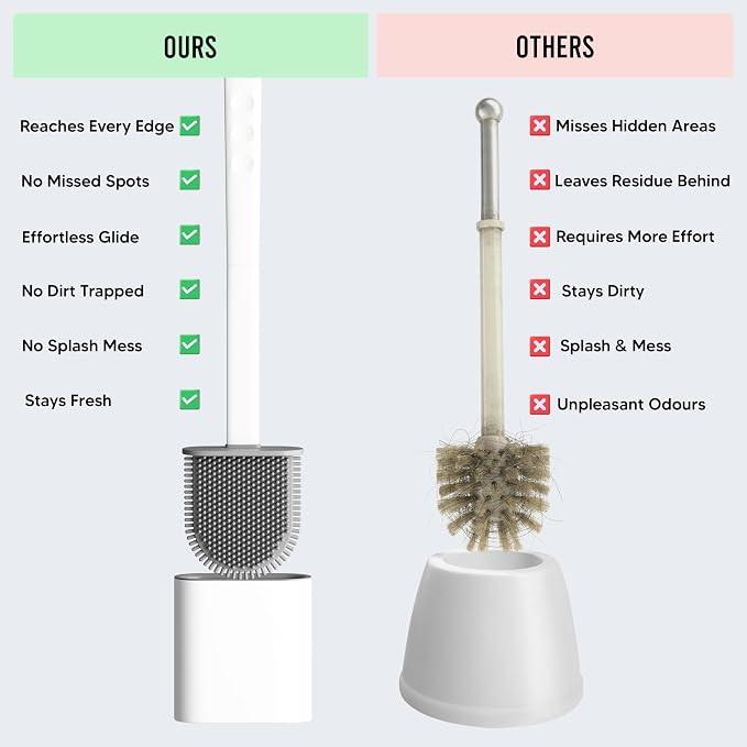 Silicone Toilet Brush and Holder Set – Pack of 2 Wall Mounted Toilet Scrubber Brush White – Long Non-Slip Handle, Modern Design, Flexible Bristles for Easy Cleaning