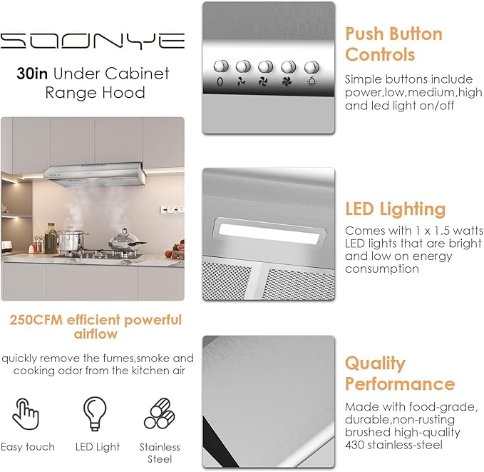 30 inch Stainless Steel Under Cabinet Range Hood, Slim Kitchen Vent Hood Ducted/Ductless Convertible with 3 Speed Controls, 5-Layer Aluminum Filters,LED Lights
