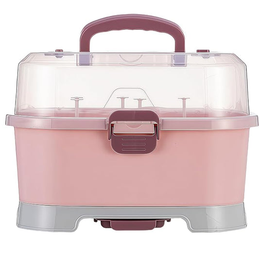 Baby Bottle Drying Rack Storage, Large Nursing Bottle Storage Box Organizer with Cover, Portable Kitchen Cabinet Organizer, Easy to Clean Drainer, Durable countertop Dryer Pink