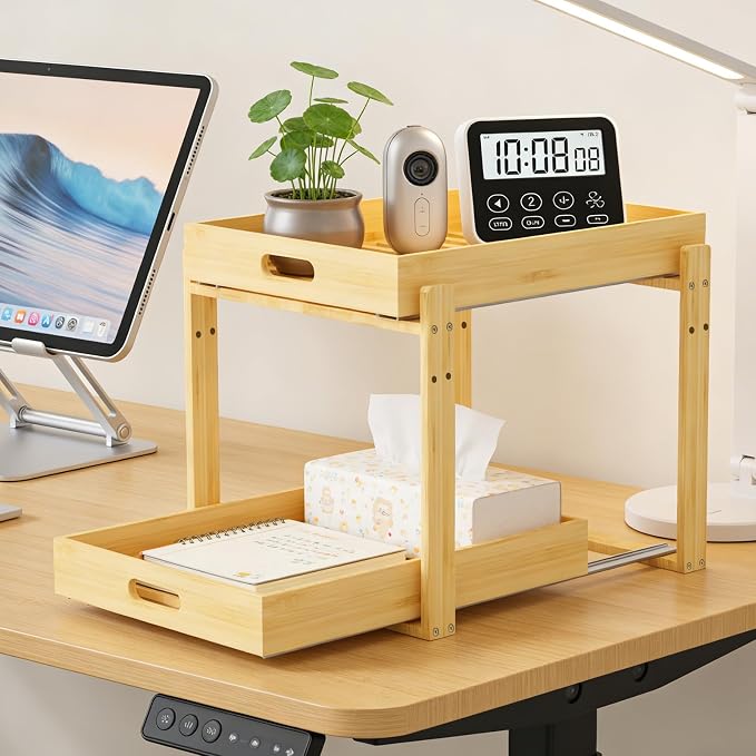 Under Sink Pull Out Organizer - Bamboo Cabinet Organizer 2-Tier with Adjustable Height, Undersink Storage Shelf Slide Out for Kitchen Bathroom Pantry Cabinet