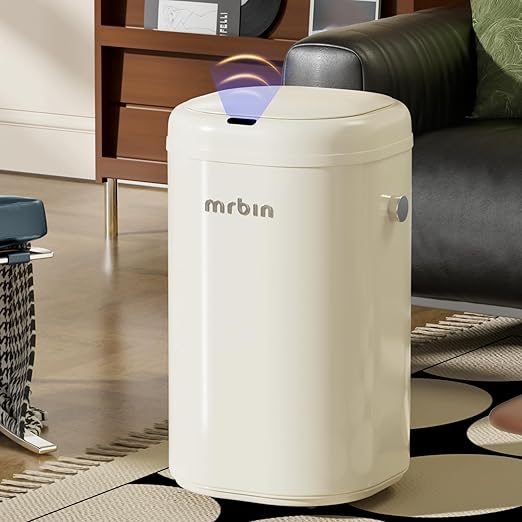 MRBIN Adsorption Metal Kitchen Motion Sensor Trash Can Removable, 18L / 4.8gal Automatic Absorbing Bag Lidded Garbage Bin with Wheels, Commercial Waste Basket for Office and Bedroom, Bathroom, White