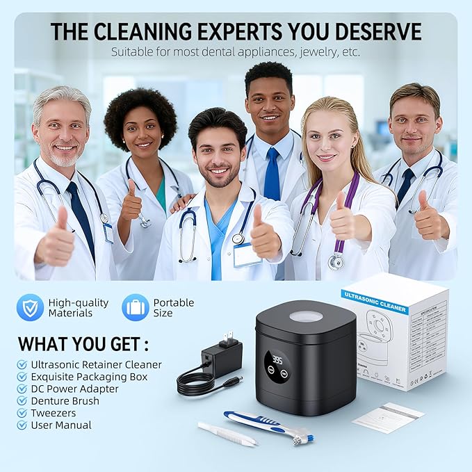 TEBAL Ultrasonic Retainer Cleaner Machine, 52kHz Ultrasonic Denture Cleaner for Mouth Guards, Braces, Toothbrush Heads, Jewelry, Dental Ultrasonic Cleaner with 250ML Capacity & Cleaning Brush, Black