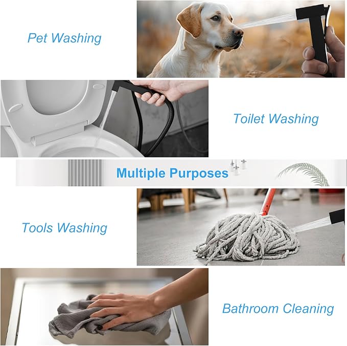 BWE Black Handheld Bathroom Bidet Sprayer Kit with Adjustable Pressure | | Adults & Kids & Pets Cleaning| Hot & Cold Water Control | Leak Resistant Design | Easy Install