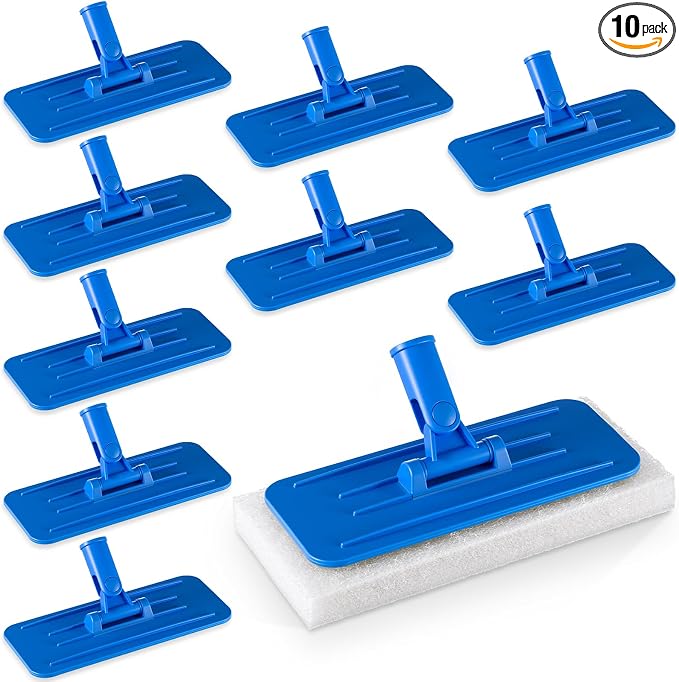 Maxdot 10 Pack Utility Pad Holder 9" x 3.75" Threaded Swivel Universal Cleaning Scrub Pad Holder for 4.5" x 10" Multipurpose Cleaning Brush Mat Compatible with Threaded Handles, Blue