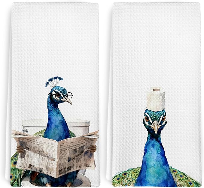 Funny Peacock Peafowl Gifts Hand Towels for Bathroom Decor, Peacock Lover Gifts Decorative Hand Dish Tea Towels for Kitchen Bathroom, Cute Peafowl Kitchen Towels Set of 2, 16x24 Inch