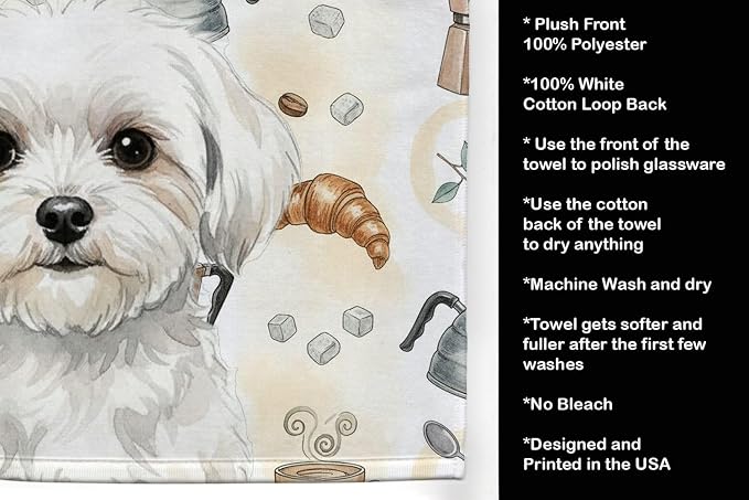 Caroline's Treasures Maltese Coffee Bar Kitchen Towel Velour Plush Front and Cotton Loop Back Machine Washable