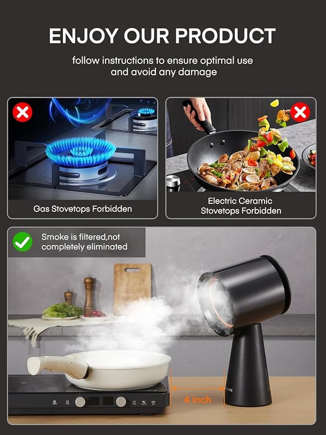 FOHERE Portable Range Hood, Powerful 3-Speed Suction Desktop Compact Range Hood, Detachable Aluminum Carbon Filter, Desktop Kitchen Exhaust Fan with Large Oil Collection Cup