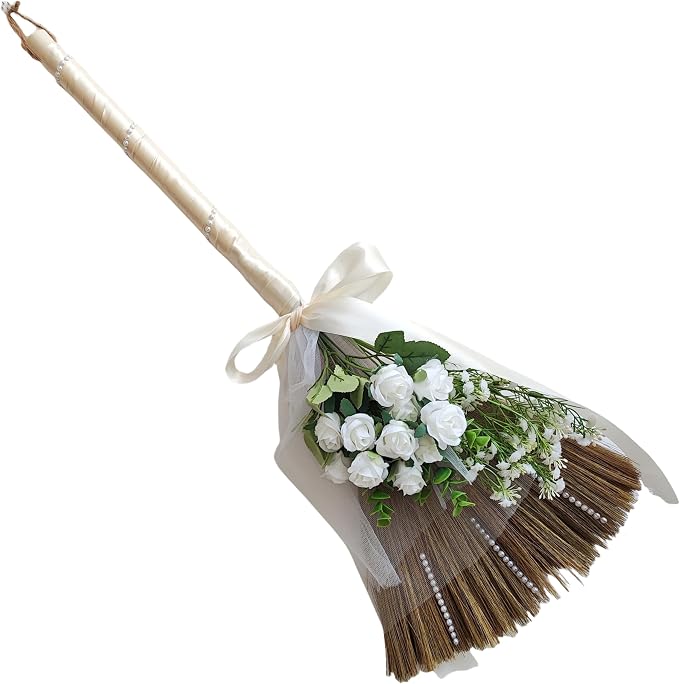 Wedding Broom for Jumping Ceremony, African American Decorative Broomstick DIY Wedding Decor, with White Roses & Babys Breath