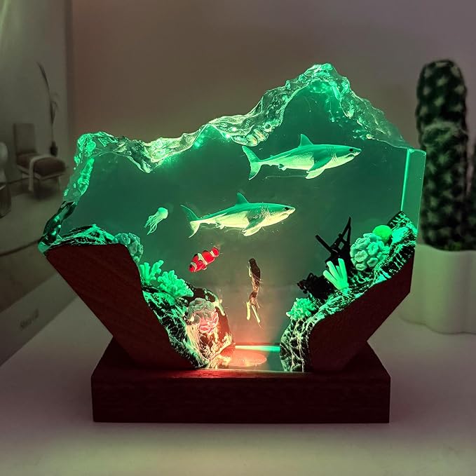 Scuba Diver and Shark Ocean Resin Lamp, Handmade Resin Night Light for Home Office Decor, Multi-Color LED Light with USB Port, Scuba Diver Gifts for Birthday, Shark Gifts for Women and Men (6"x4")