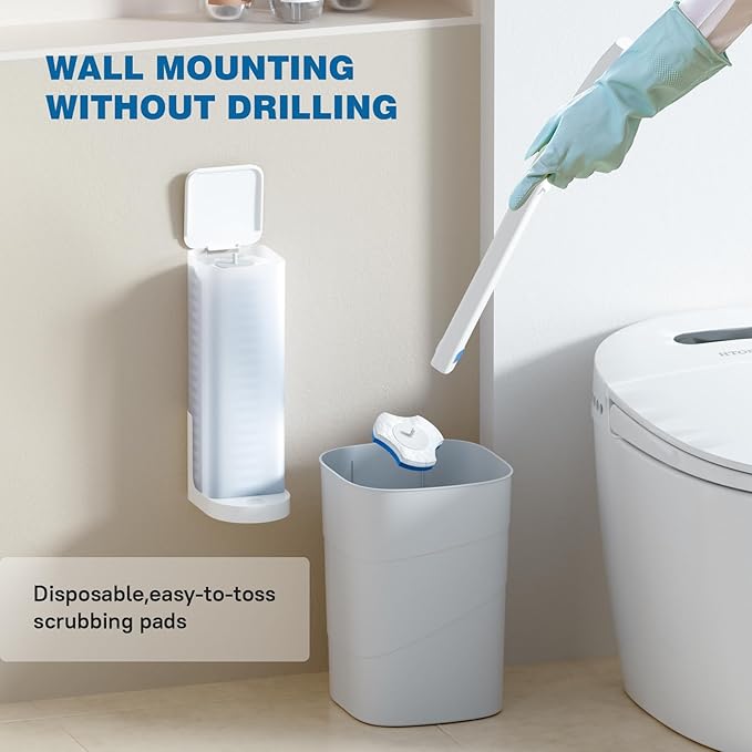Disposable Toilet Brush Set with Holder, White and Blue, Includes 16 Cleaning Refills (1+16 Refills)
