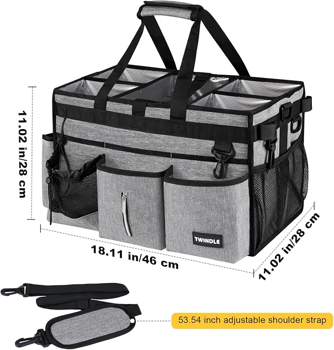 Extra Large Cleaning Caddy Bag with Rigid Support Board, Cleaning Organizer Tote with Detachable Divider, Adjustable Shoulder Strap & Waist Belt, Cleaning Supply Carrier for Cleaners & Housekeepers | Portable