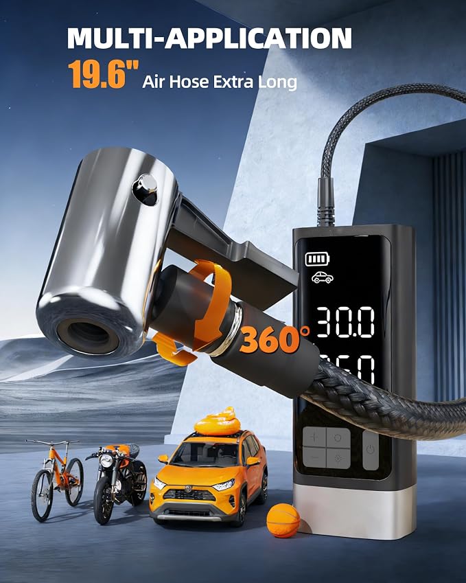 Portable Tire Inflator with Dual-Cylinder,5x Fast Inflation Car Air Compressor with Memory Function,150PSI Cordless,Tire Inflator Rechargeable with Battery,12V DC for Pickup,Car,Moto,Bikes,Balls