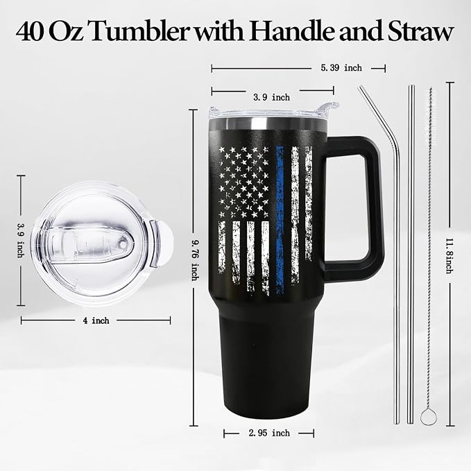 Ceovfoi 40 oz Tumbler with Handle lid and Straw, American Flag Blue Line Stainless Steel Dad Travel Tumbler Cup Mugs,Police Academy Graduation Gifts, Police Gifts for Men Dad