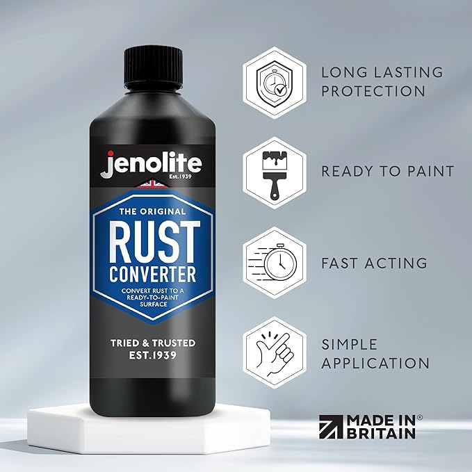 JENOLITE Rust Converter for Metal 1 Liter (33.8 fl oz). All in One Fast‑Acting Water‑Based Rust Reformer, Primer & Inhibitor. Converts Rust to a Paint Ready Surface. Made in Britain.
