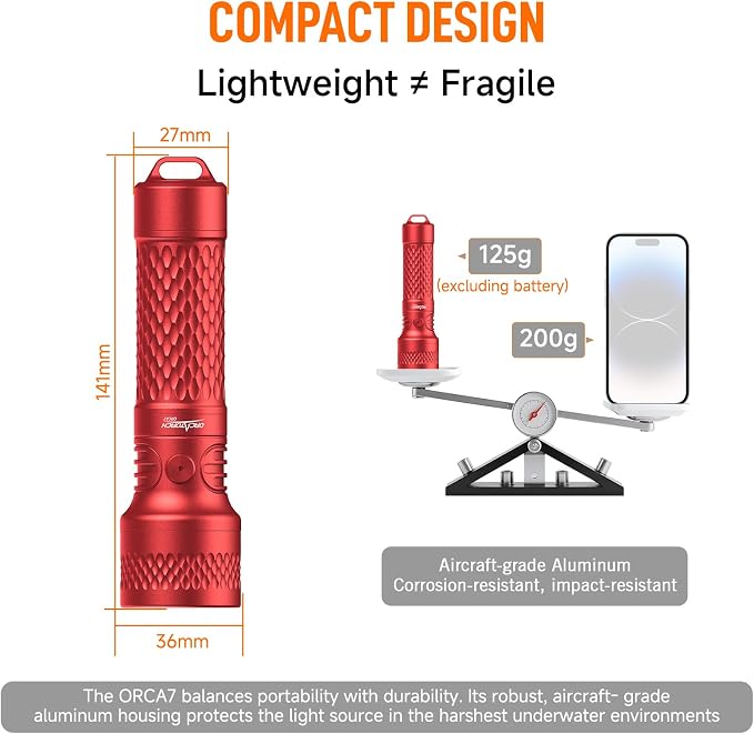 ORCATORCH ORCA7 Dive Light, 3000 Lumens SOS Signal Scuba Diving Flashlight, 6° Narrow Beam Underwater Torch, IP68 Waterproof Rated to 150M for Night Diving, Cave Exploration&Technical Scuba Gear (Red)