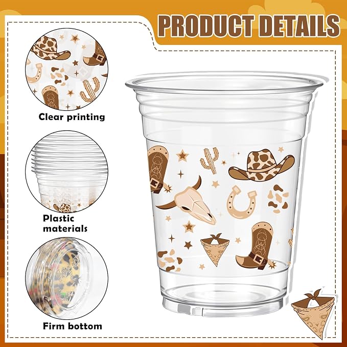 Rngmsi Brown Cowboy Plastic Cups - 50 Pcs Western Party Decorations, 12 OZ Rodeo Disposable Cups for Birthday, Cowboy Party Decorations for Baby Shower