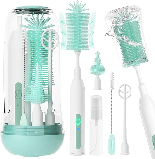 Electric Bottle Brush Cleaner,Rechargeable Baby Bottle Cleaning kit with Formula Mixer, Silicone Nipple&Straw Brush, Soap Dispenser, Drying Rack-IPX7 Waterproof,Long Battery Life for Home & Travel